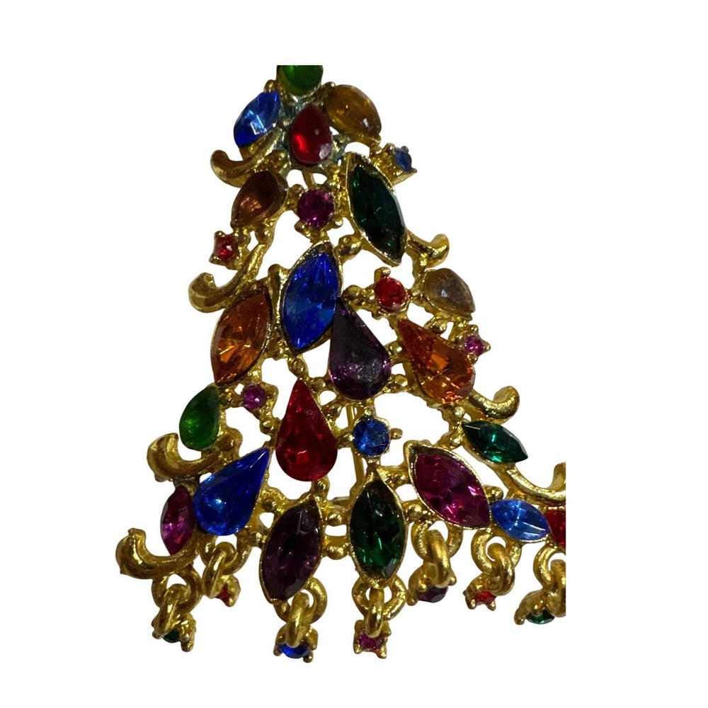 Vintage Christmas Tree Brooch Gold Tone Multi Color Rhinestone Gem Holiday Pin